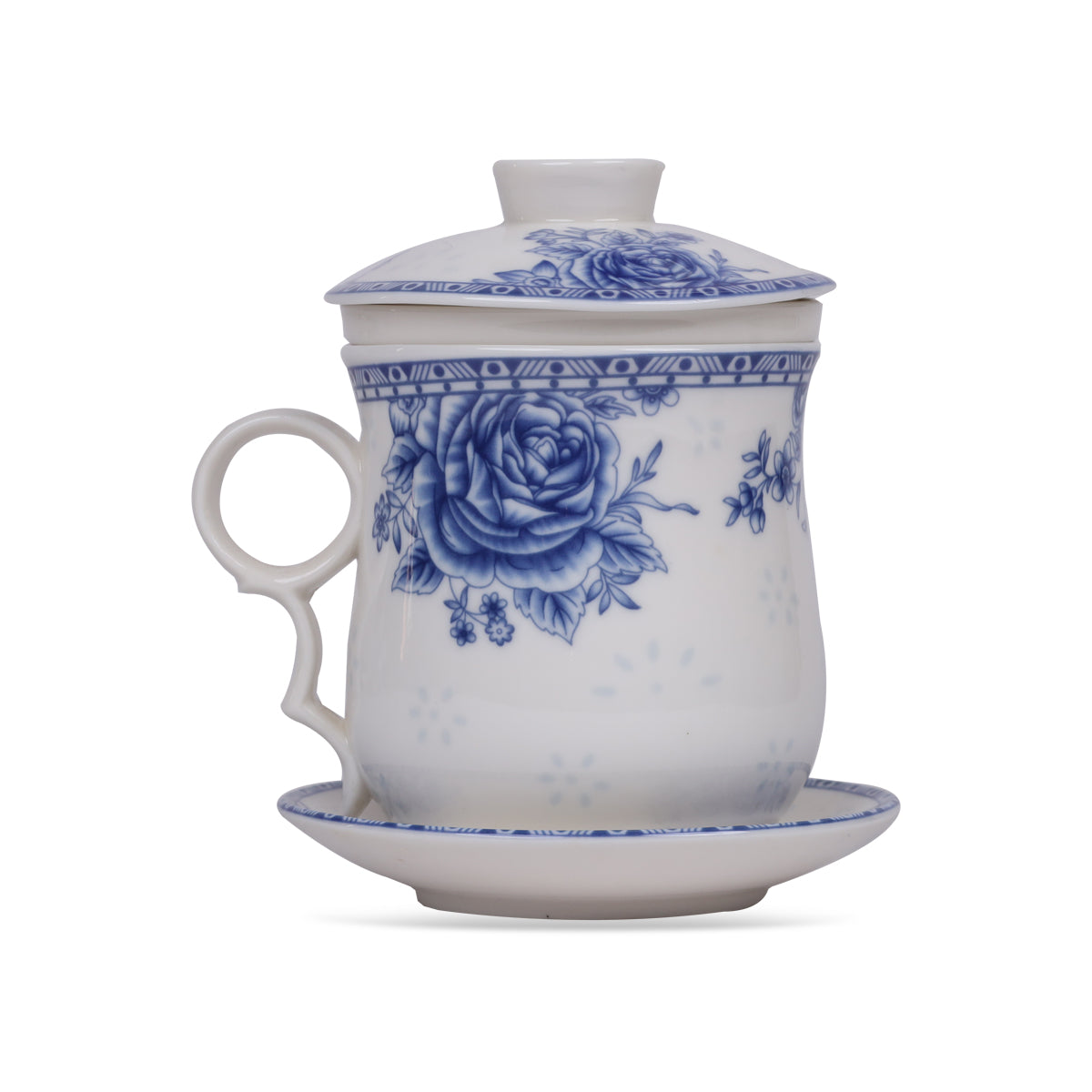 Green Tea Mug Blue Rose with Infuser, Lid, Saucer
