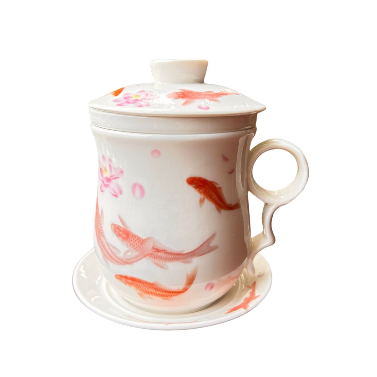 Green Tea Mug Floating Fish with Infuser, Lid, Saucer