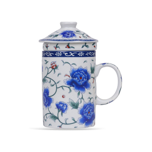 Ornate Tea Infuser Mug Blue Flower with Strainer and Lid 1200