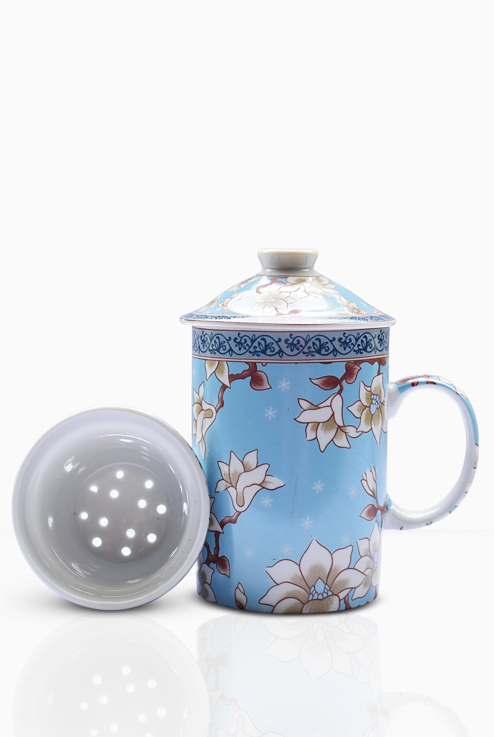 Ornate Tea Infuser Mug White Flower with Strainer and Lid