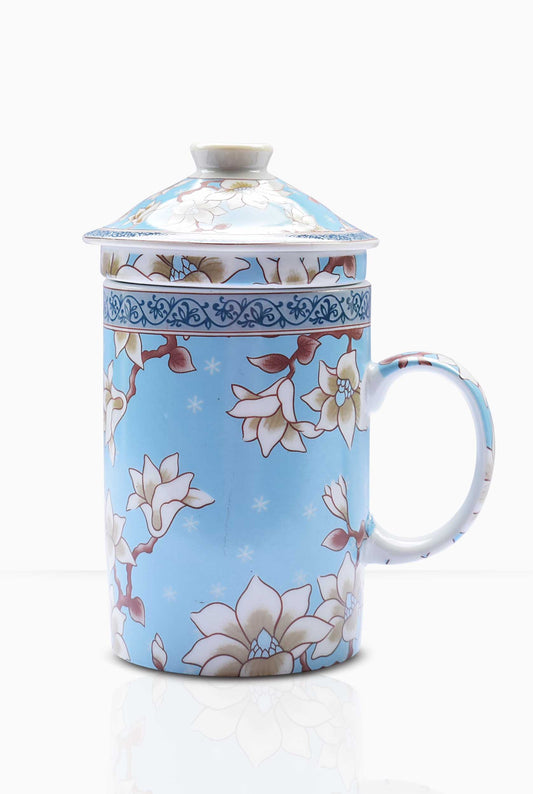 Ornate Tea Infuser Mug White Flower with Strainer and Lid 1676