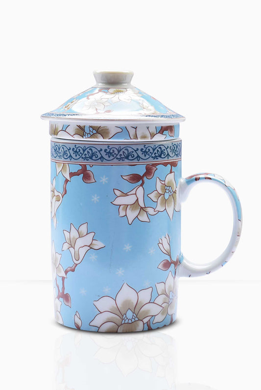 Ornate Green Tea Infuser Mug White Flower with Strainer and Lid 1676