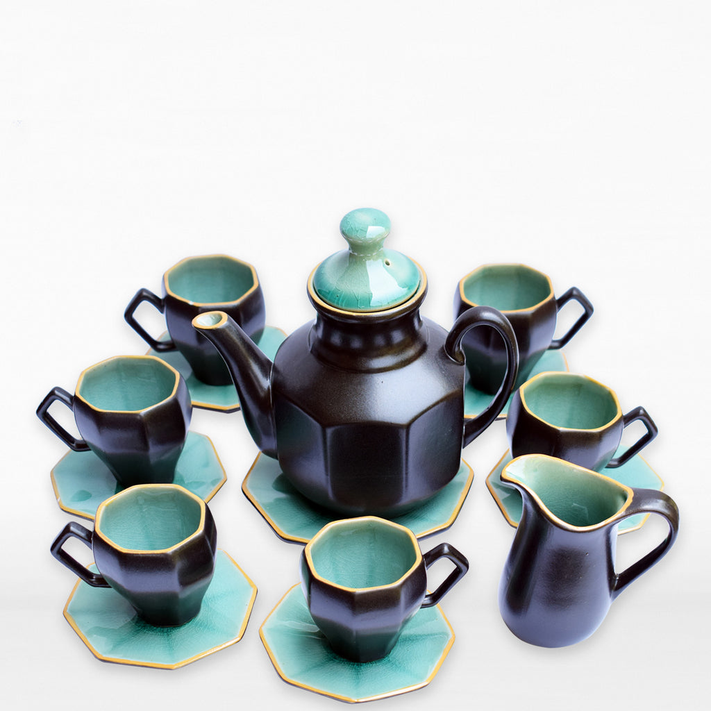 Buy Ornate Black Tea Set, Sugar, Milk Pot & 6 cups TeaCupsFull